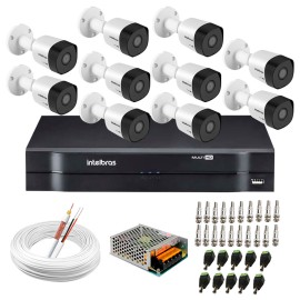 Kit 10 C�meras VHD 3130 B G6 + DVR Intelbras + App Gr�tis de Monitoramento, C�meras HD 720p 30m Infravermelho de Vis�o Noturna Intelbras + Fonte, Cabos e Acess�rios