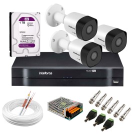 Kit 3 C�meras VHD 3130 B G6 + DVR Intelbras + HD 1TB para Armazenamento + App Gr�tis de Monitoramento, C�meras HD 720p 30m Infravermelho de Vis�o Noturna Intelbras + Fonte, Cabos e Acess�rios