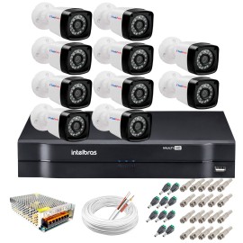 Kit 10 C�meras + DVR Intelbras + App Gr�tis de Monitoramento, C�meras HD 720p 20m Infravermelho de Vis�o Noturna + Fonte, Cabos e Acess�rios
