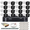 Kit 16 Câmeras + DVR Intelbras + App Grátis de Monitoramento, Câmeras HD 720p 20m Infravermelho de Visão Noturna + Fonte, Cabos e Acessórios