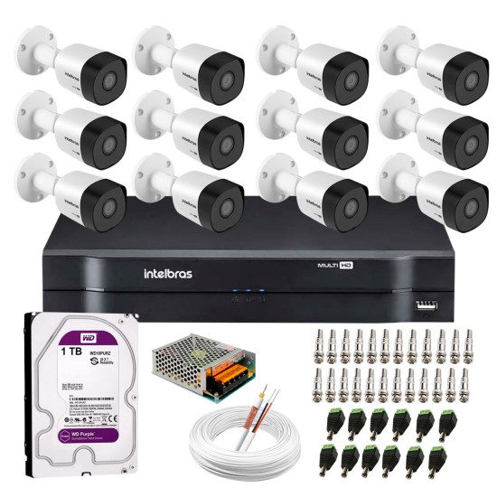 Kit 12 Câmeras VHD 3130 B G6 + DVR Intelbras + HD 1TB para Armazenamento + App Grátis de Monitoramento, Câmeras HD 720p 30m Infravermelho de Visão Noturna Intelbras + Fonte, Cabos e Acessórios
