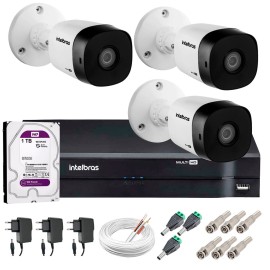 Kit 3 C�meras VHD 1120 B G5 + DVR Intelbras + HD 1TB para Armazenamento + App Gr�tis de Monitoramento, C�meras HD 720p 20m Infravermelho de Vis�o Noturna Intelbras + Fonte, Cabos e Acess�rios