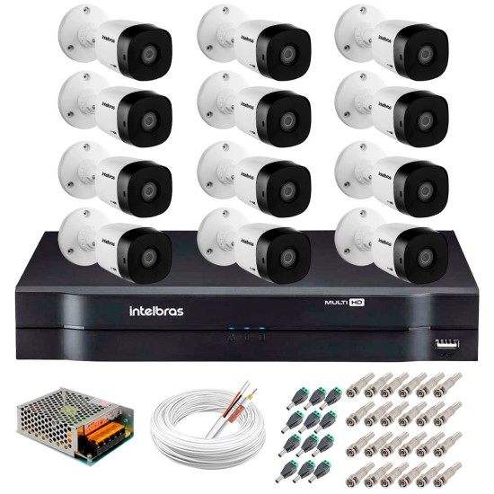 Kit 12 Câmeras VHD 1120 B G5 + DVR Intelbras + App Grátis de Monitoramento, HD 720p 20m Infravermelho + Cabos e Acessórios