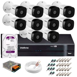 Kit 10 C�meras VHD 1010 B G5 + DVR Intelbras + HD 1TB para Armazenamento + App Gr�tis de Monitoramento, C�meras HD 720p + Fonte, Cabos e Acess�rios