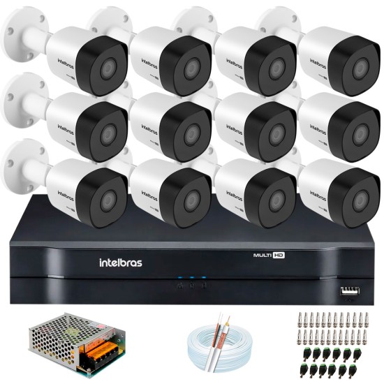 Kit 12 Câmeras VHD 3120 B G6 + DVR Intelbras + App Grátis de Monitoramento, HD 720p 20m Infravermelho + Cabos e Acessórios