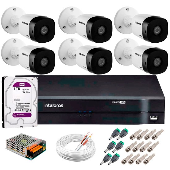 Kit 6 Câmeras VHD 1120 B G5 + DVR Intelbras + HD 1TB para Armazenamento + App Grátis de Monitoramento, Câmeras HD 720p 20m Infravermelho de Visão Noturna Intelbras + Fonte, Cabos e Acessórios