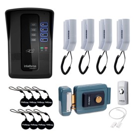 Kit Porteiro Eletr�nico Coletivo de 4 Pontos - Central Collective 4 Intelbras + Interfone Interno 4 Unid + Cart�o de Proximidade 8 Unid + Fechadura El�trica + Bot�o de Sa�da + Sensor de Porta XAS