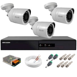 Kit 3 C�meras + DVR Hikvision + Fonte, Cabos e Acess�rios - C�meras Hilook THC B120C-P Full HD 1080 Lite 20m Infra e Vis�o Noturna