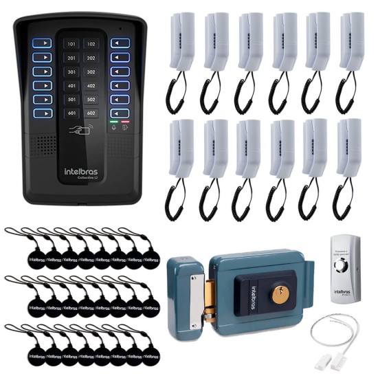 Kit Porteiro Eletrônico Coletivo 12 Pontos Intelbras Collective 12 - Central de Interfone Coletivo + Interfone Interno + Cartão de Proximidade + Fechadura Elétrica + Botão de Saída + Sensor de Porta