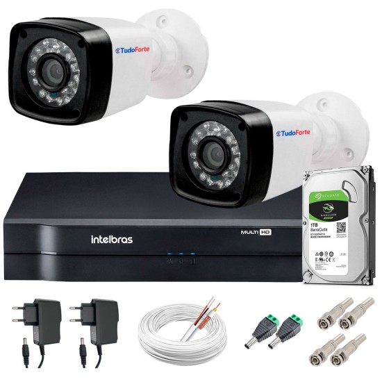 Kit 2 Câmeras + DVR Intelbras + HD 1 TB + App de Monitoramento, Câmeras HD 720p 20m Infravermelho de Visão Noturna + Fonte, Cabos e Acessórios