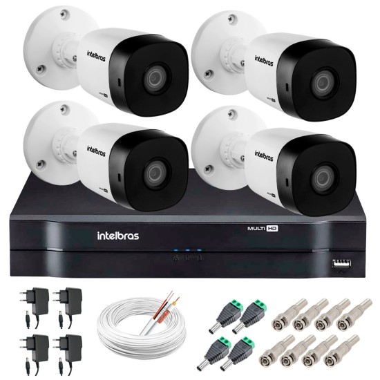 Kit 4 Câmeras VHD 1120 B G5 + DVR Intelbras + App Grátis de Monitoramento, Câmeras HD 720p 20m Infravermelho de Visão Noturna Intelbras + Fonte, Cabos e Acessórios