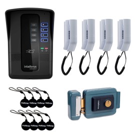 Kit Porteiro Eletr�nico Coletivo de 4 Pontos - Central Collective 4 Intelbras + Interfone Interno 4 Unidades + Cart�o de Proximidade 8 Unidades + Fechadura El�trica