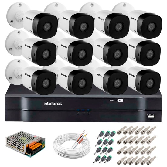 Kit 12 Câmeras VHD 1010 B G5 + DVR Intelbras + App Grátis, HD 720p 10m Infravermelho + Cabos e Acessórios