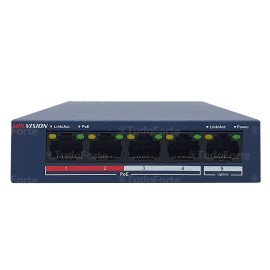 Switch PoE 5 Portas Hikvision DS-3E0105P-E/M, 4 portas PoE e 1 porta UpLink, alimenta��o at� 250 mts dist�ncia