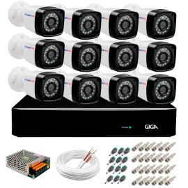 Kit 12 c�meras full hd 1080p 2mp + dvr giga security + app gr�tis de monitoramento, c�meras 20m infravermelho de vis�o noturna + fonte, cabos e acess�rios