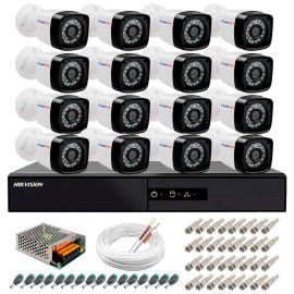 Kit 16 C�meras + DVR Hikvision + App de Monitoramento, C�meras Full HD 1080 Lite 25m Infravermelho de Vis�o Noturna Tudo Forte Completo com Acess�rios