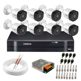Kit 8 C�meras VHD 3130 B G6 + DVR Intelbras + App Gr�tis de Monitoramento, C�meras HD 720p 30m Infravermelho de Vis�o Noturna Intelbras + Fonte, Cabos e Acess�rios