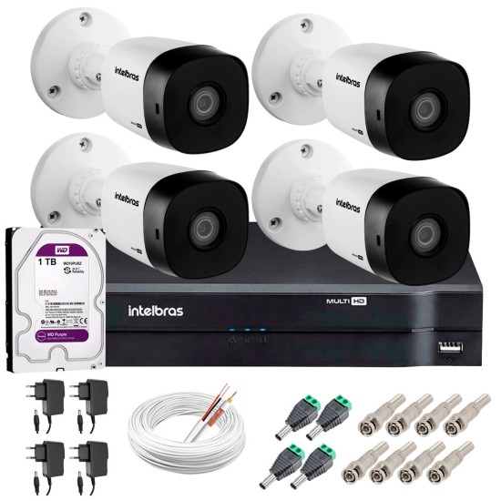 Kit 4 Câmeras HD 720p 20m Infravermelho de Visão Noturna VHD 1120 B G5 + DVR Intelbras + HD 1TB para Armazenamento + App Grátis de Monitoramento