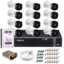 Kit 12 C�meras VHD 1120 B G5 + DVR Intelbras + HD 1TB + App Gr�tis de Monitoramento, HD 720p 20m Infravermelho + Cabos e Acess�rios