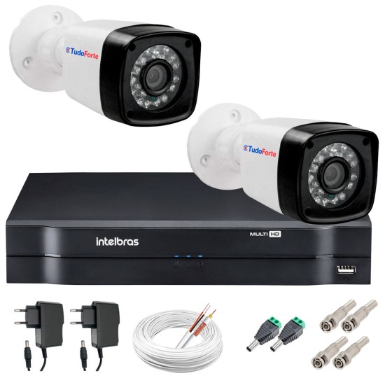 Kit 2 Câmeras + DVR Intelbras + App Grátis de Monitoramento, Câmeras HD 720p 20m Infravermelho de Visão Noturna + Fonte, Cabos e Acessórios