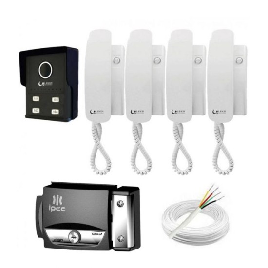 Kit Porteiro Eletrônico Completo 4 Pontos Lider + 4 Monofones + Fechadura + Cabo + Fonte 28453
