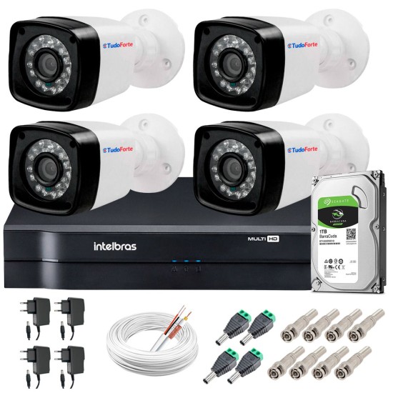 Kit 4 Câmeras + DVR Intelbras + HD 1 TB + App de Monitoramento, Câmeras HD 720p 20m Infravermelho de Visão Noturna + Fonte, Cabos e Acessórios