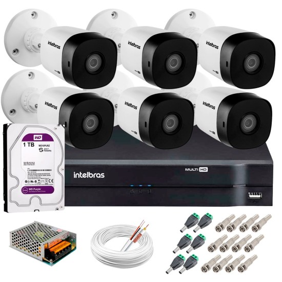Kit 6 Câmeras VHD 1010 B G5 + DVR Intelbras + HD 1TB para Armazenamento + App Grátis de Monitoramento, Câmeras HD 720p 10m Infravermelho de Visão Noturna Intelbras + Fonte, Cabos e Acessórios