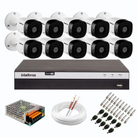 Kit 10 C�meras de Seguran�a Full HD Intelbras VHD 1220 B G6 + DVR Intelbras Full HD MHDX 3116 de 16 Canais + Acess�rios