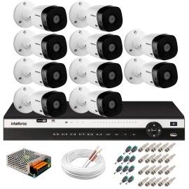 Kit 10 C�meras 2K VHD 1420B + DVR Intelbras + App Gr�tis de Monitoramento, C�meras 20m Infravermelho de Vis�o Noturna + Fonte, Cabos e Acess�rios