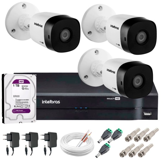 Kit 3 Câmeras VHD 1120 B G5 + DVR Intelbras + HD 1TB para Armazenamento + App Grátis de Monitoramento, Câmeras HD 720p 20m Infravermelho de Visão Noturna Intelbras + Fonte, Cabos e Acessórios